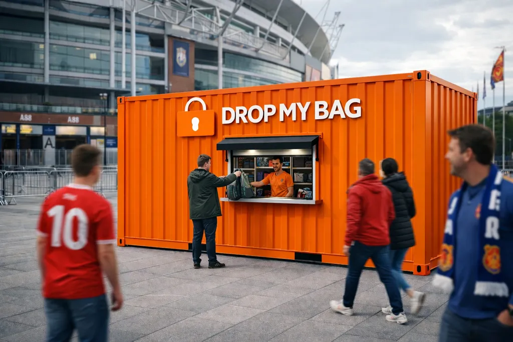 Drop My Bag branded bag drop cabin outside a stadium